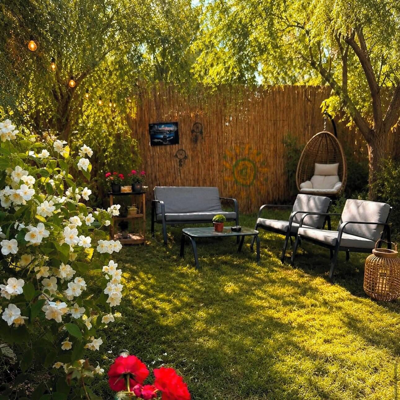 A garden with a sofa, chairs, a hanging chair, and a small table.
