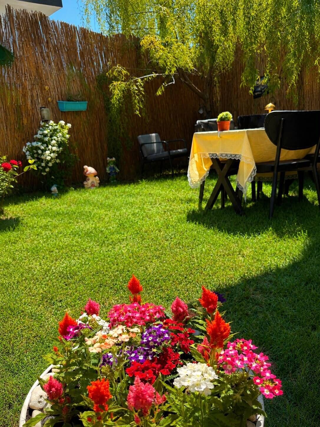 Ein Garten mit Essplatz, Gartenmöbeln, einem kleinen Gartenbeet und einem Holzzaun.