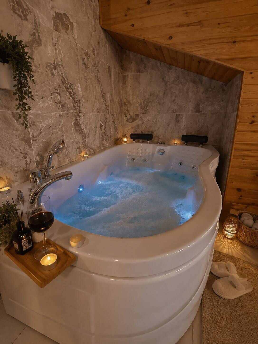 A spa room with a large hot tub, a wooden ceiling, and a stone wall.
