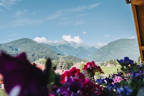 Eine Berglandschaft mit blauem Himmel, einem Holzhaus und bunten Blumen im Vordergrund.
