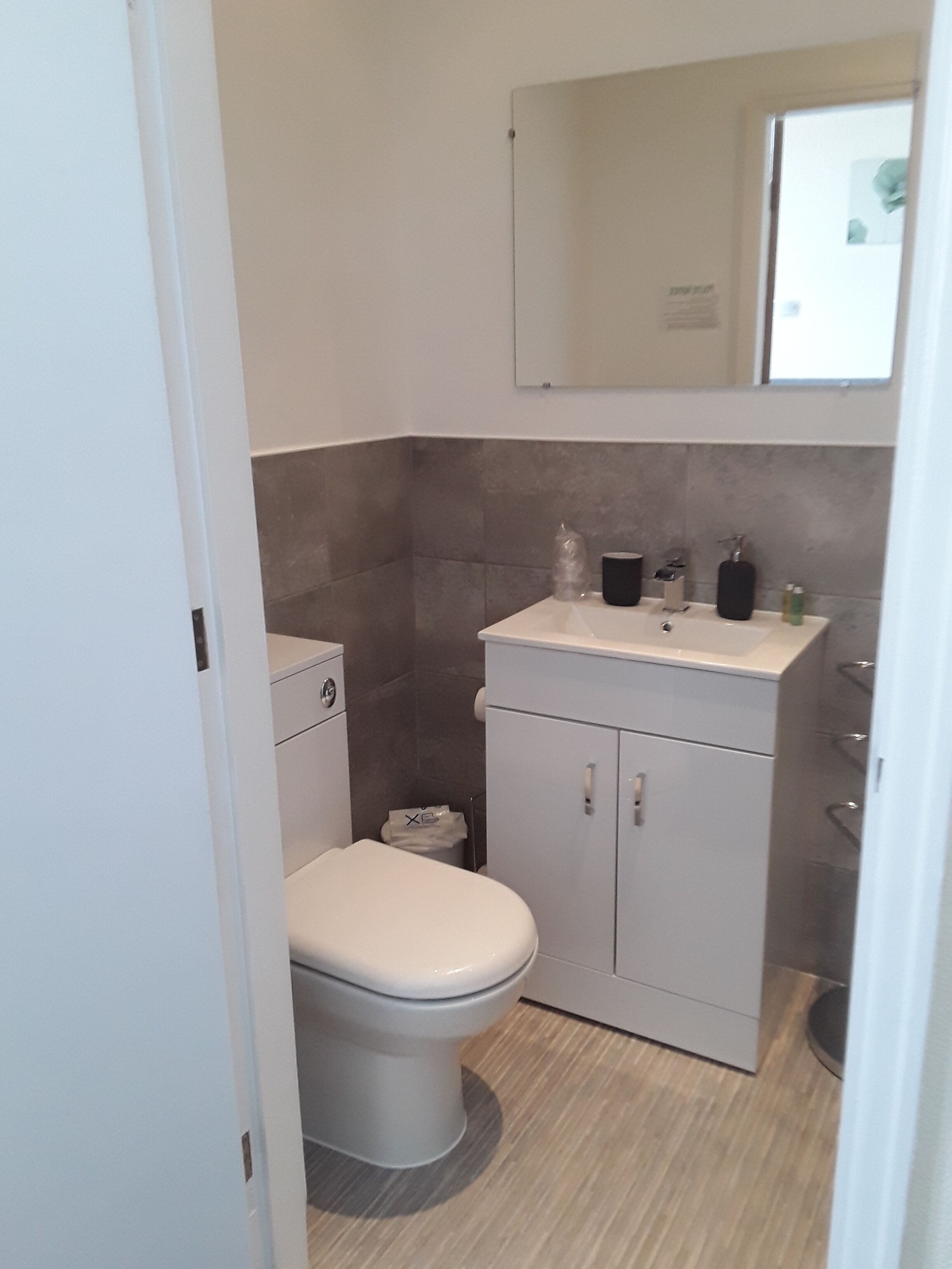 A small, modern bathroom with a toilet, a sink, and a mirror.