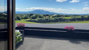 Vista dalla finestra su un paesaggio verde con una montagna sullo sfondo.