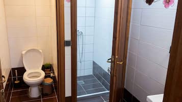 Shower, free toiletries, towels, soap