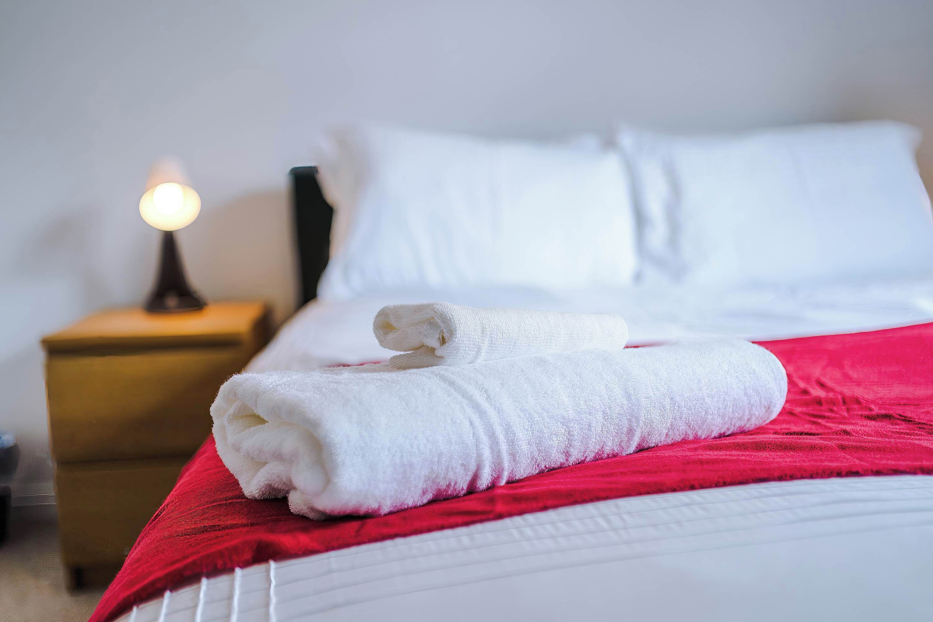 Ein ordentlich gemachtes Bett mit einer roten Decke und einem weißen Handtuch, einer Nachttischlampe und einem Nachttisch aus Holz.