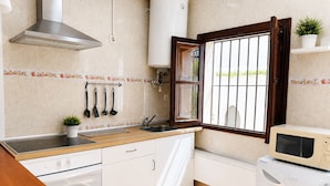 A compact kitchen with a stove, sink, microwave, and washing machine. - Brisa de Punta Lara Studio in Nerja (Nerja)