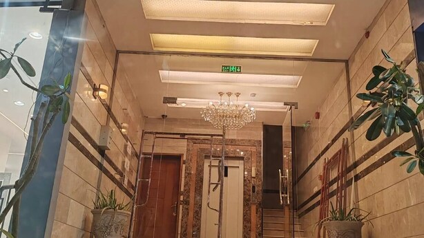 Una entrada de hotel con candelabro, plantas en macetas y una escalera que conduce al interior.