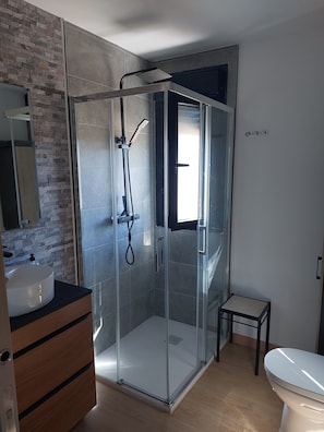 Secadora de cabello, toallas, jabón, papel de baño 