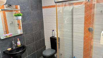 Shower, towels, soap, toilet paper