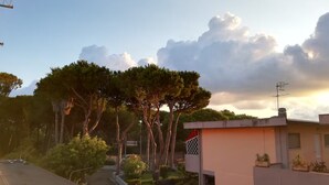 A residential street with trees, a clear sky, and a building with a red gate. - Otta's House (Platamona)