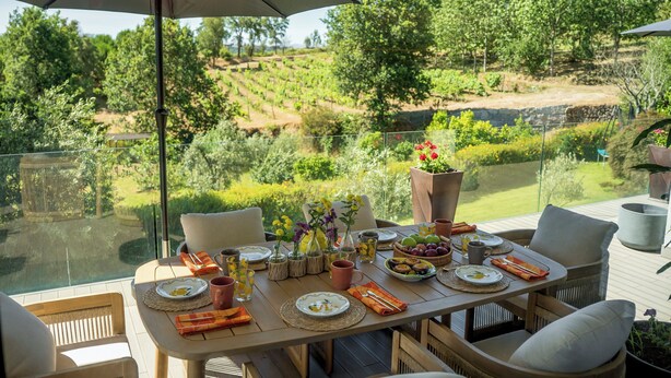 A dining table set outdoors with a view of a vineyard, surrounded by chairs and an umbrella. - Quinta Tapada do Vale - Wine Estate Retreat (Carregal do Sal)