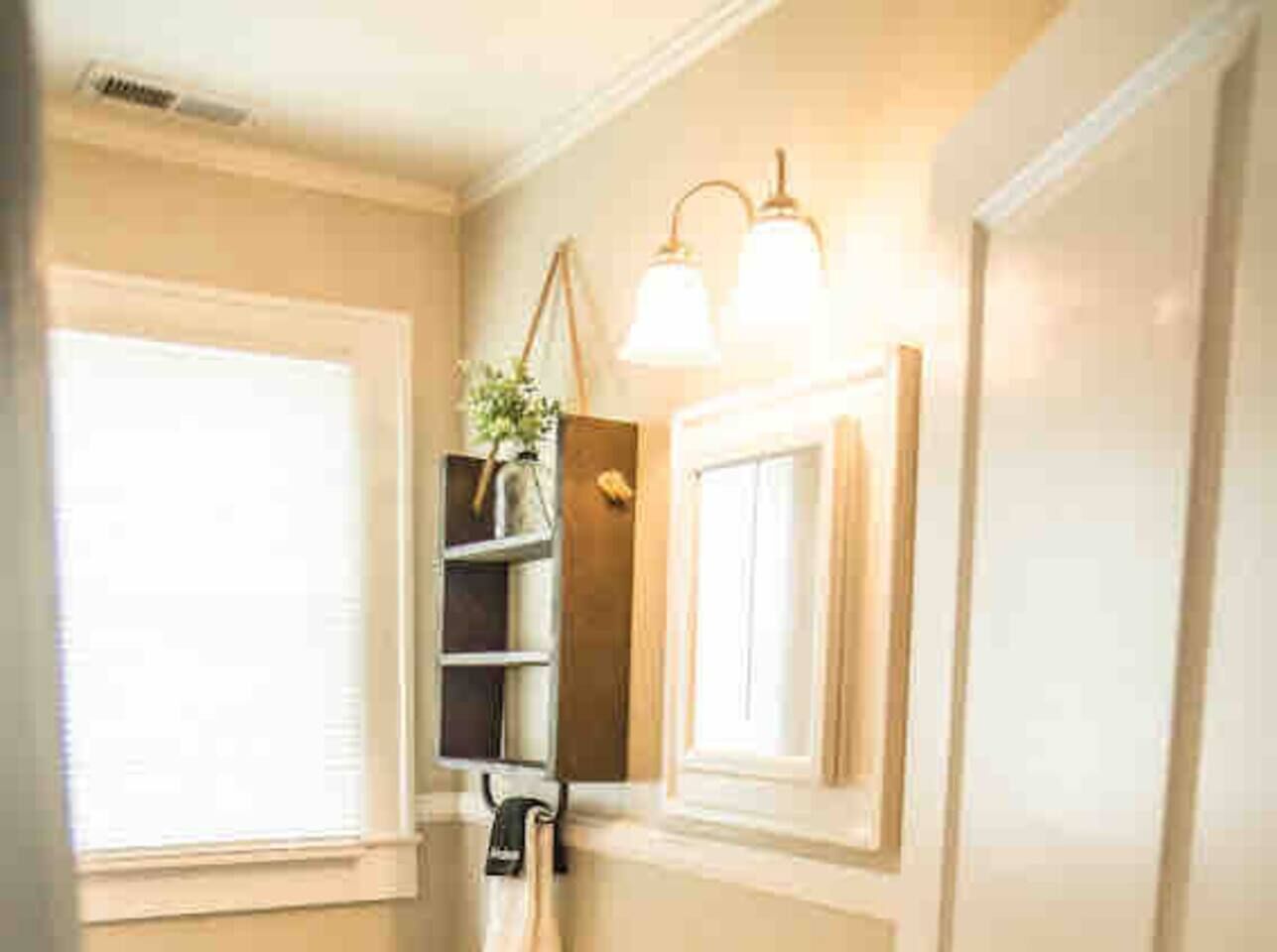 A bathroom with a window, a shelf with a plant, and wall-mounted lighting.