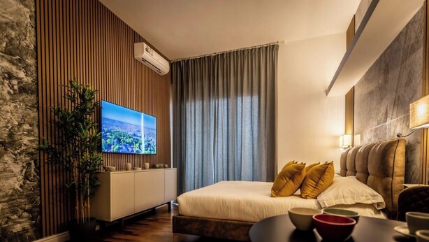 Une chambre d’hôtel moderne avec un lit, une télévision, une plante, une table à manger et un mur en pierre.