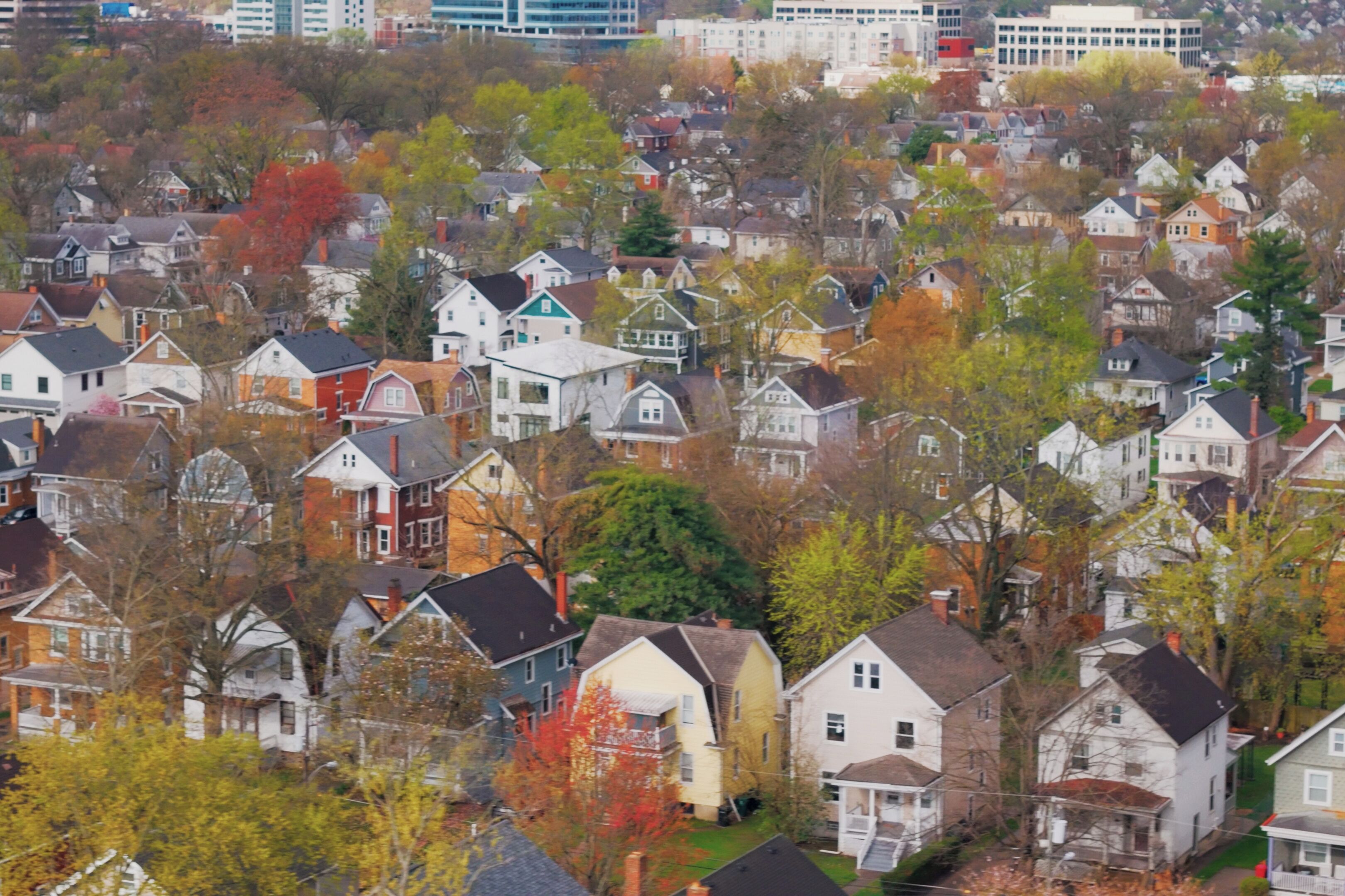 A residential area with houses and trees, some with autumn foliage.