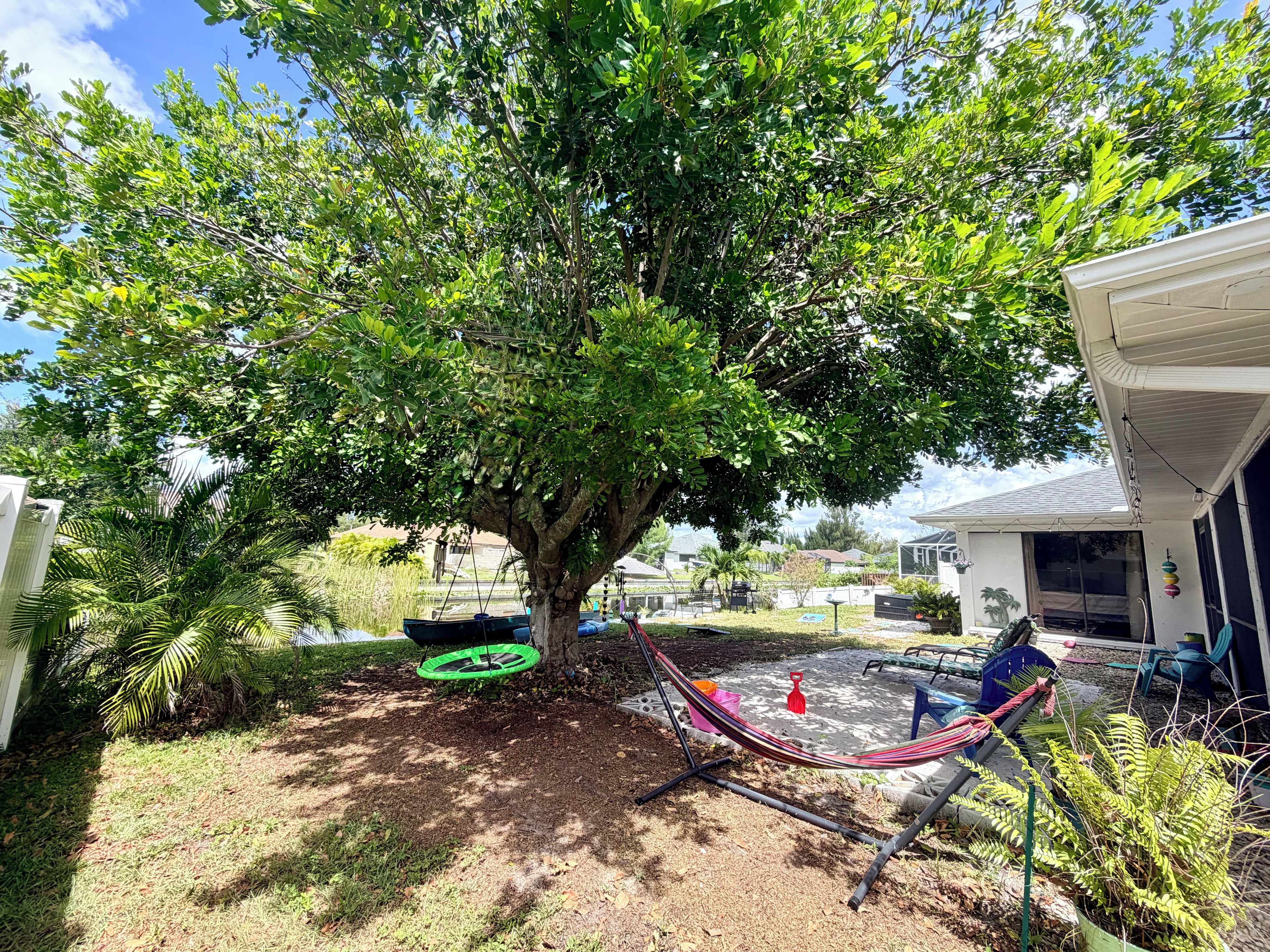 A hammock under a tree in a backyard with a house in the background.