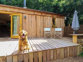 Una terraza de madera con un perro, un ventanal corredero y dos sillas plegables.