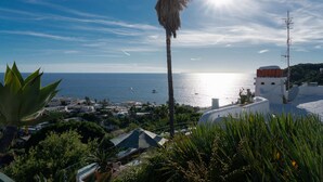 Une vue sur la côte, avec un ciel dégagé, un palmier et un bâtiment à la façade blanche.