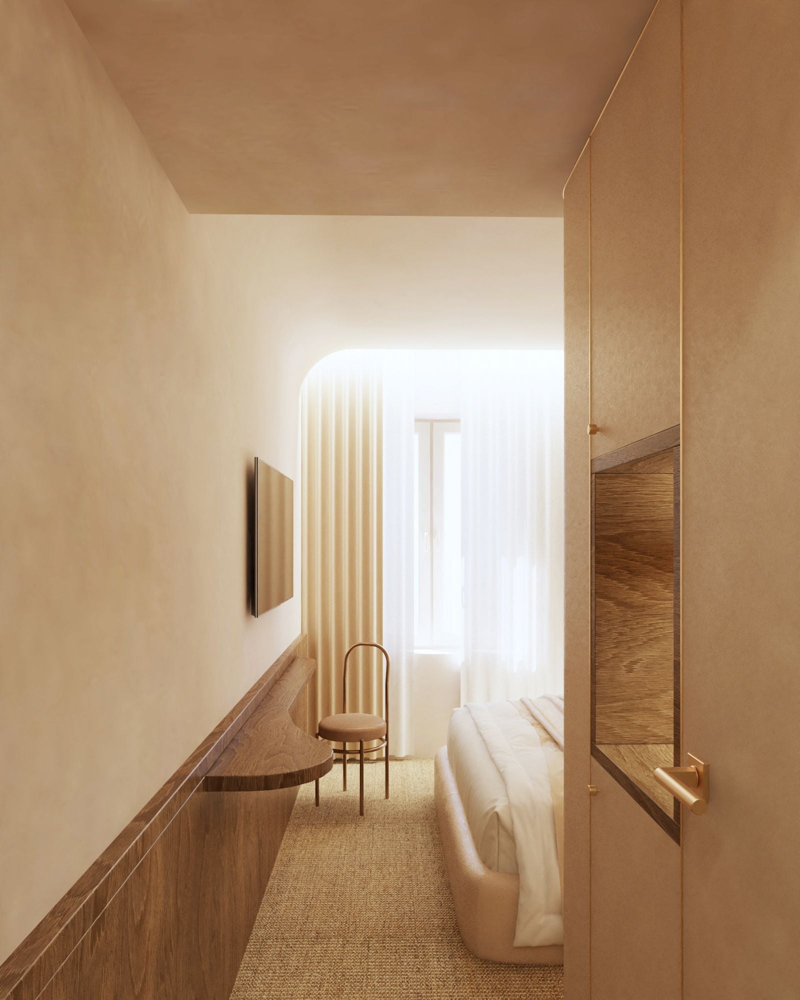 A hotel room with a bed, a chair, a small table, a mirror, and a window with curtains.