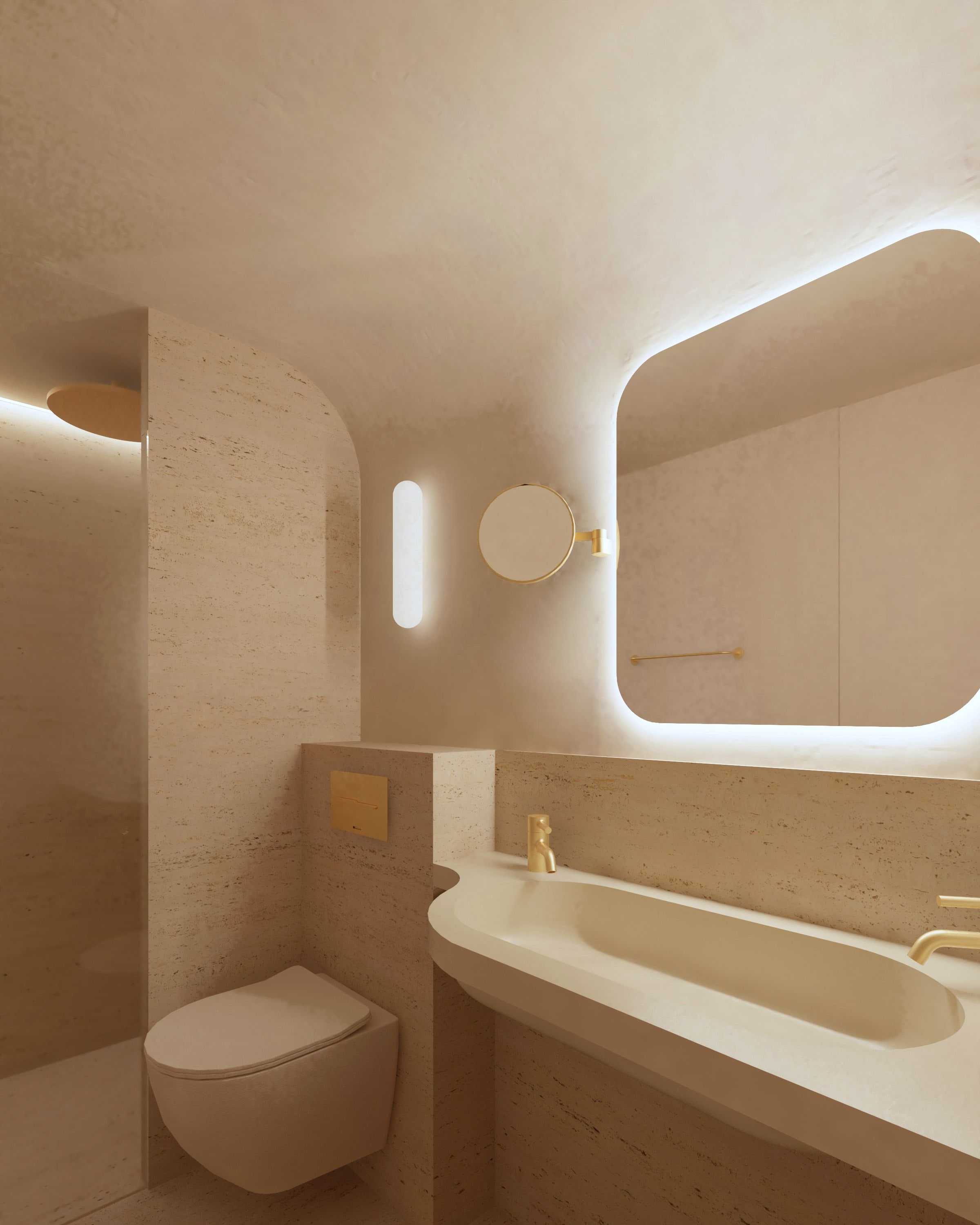 Une salle de bain moderne avec des toilettes, un lavabo et un miroir.