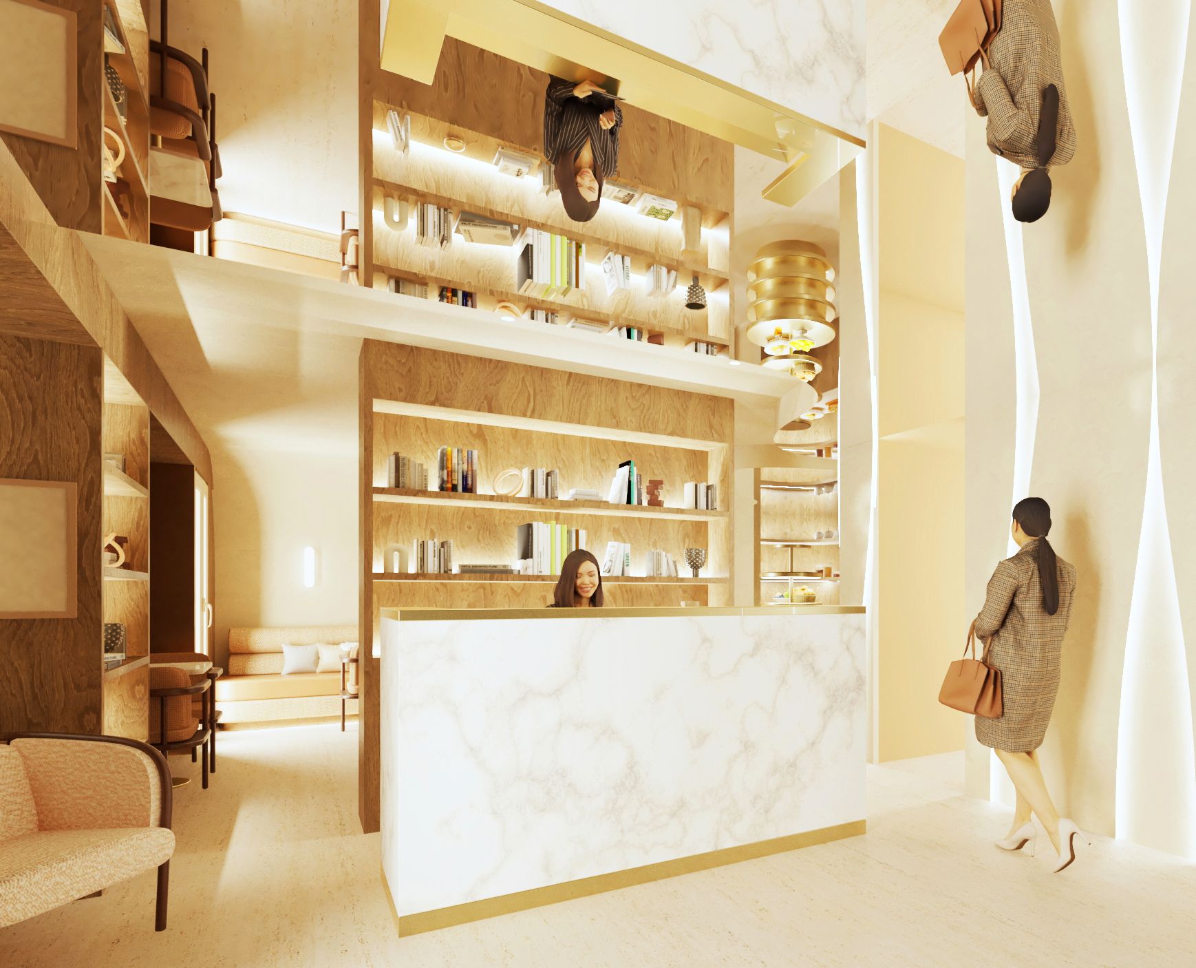 Un espace d’accueil doté d’un comptoir en marbre, d’étagères en bois et d’un escalier.