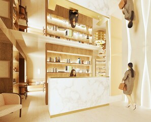 A reception area with a marble counter, wooden shelving, and a staircase.