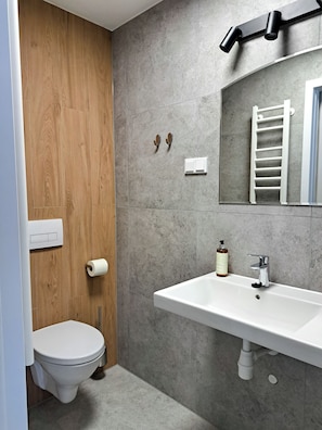 Apartament, 2 llits individuals, cuina bàsica | Bany | Dutxa, assecador de cabells, tovalloles i sabó 