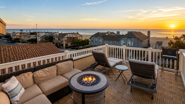 Une terrasse avec un canapé, des chaises et un foyer, offrant une vue sur la plage et l’océan au coucher du soleil.