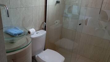 Secador de cabelo, toalhas de banho, sabonete, papel higiênico