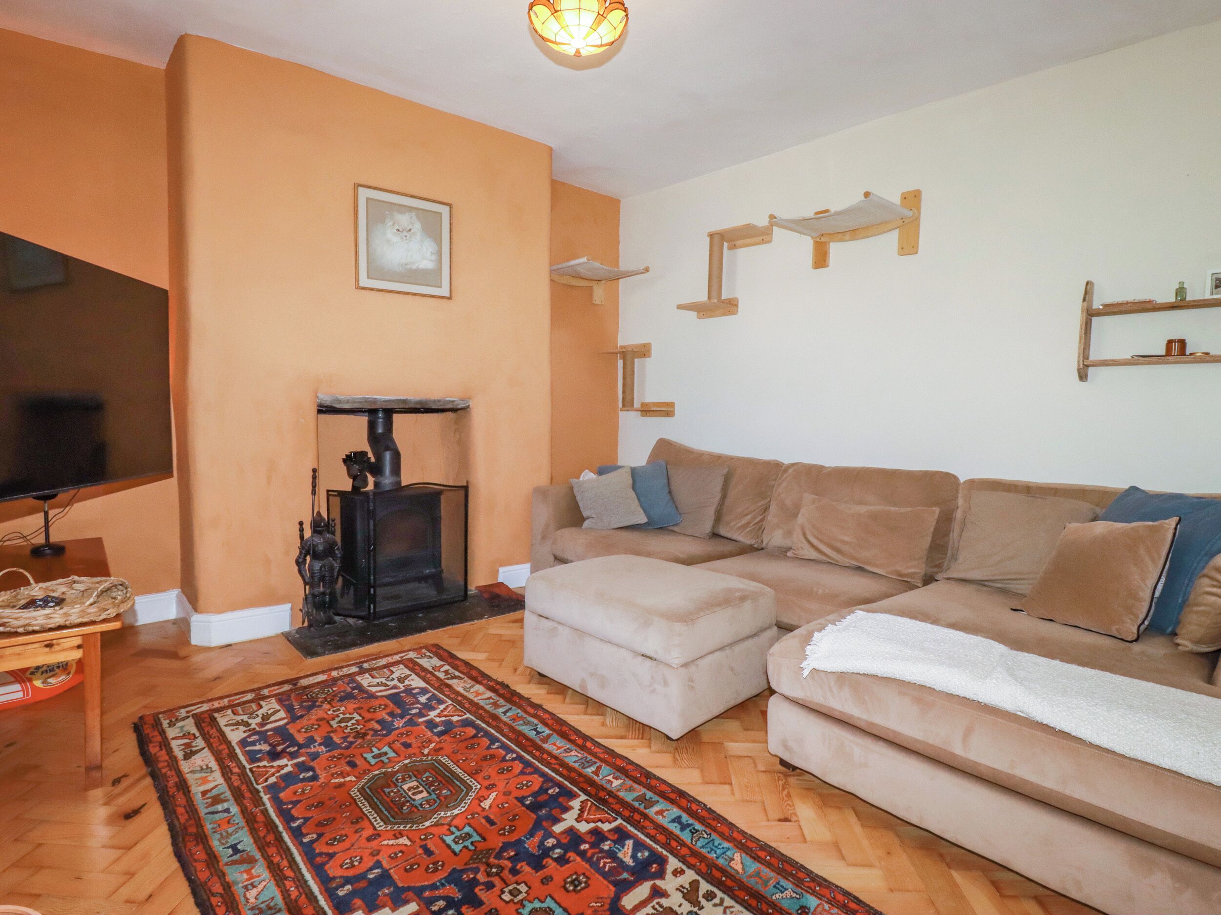 A living room with a sofa, ottoman, TV, fireplace, and a patterned rug.