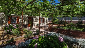 A garden with a pergola, stone buildings, and a variety of plants. - Stunning private villa for 6 guests with A/C, WIFI, TV and terrace (Pazin)