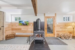 A modern interior with a wood-burning stove, wooden walls, a television, and a view of a landscape through a window.