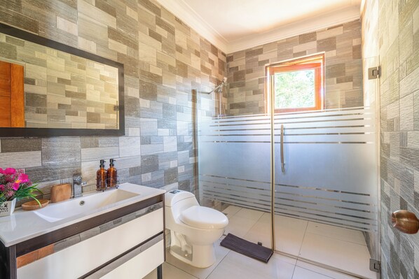 A bathroom with a modern design, featuring a shower with a glass door, a toilet, and a sink with a mirror above it.