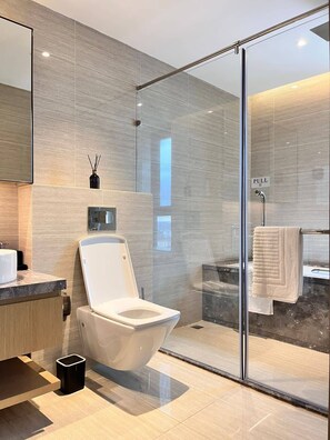 Douche, bidet, serviettes fournies, papier toilette