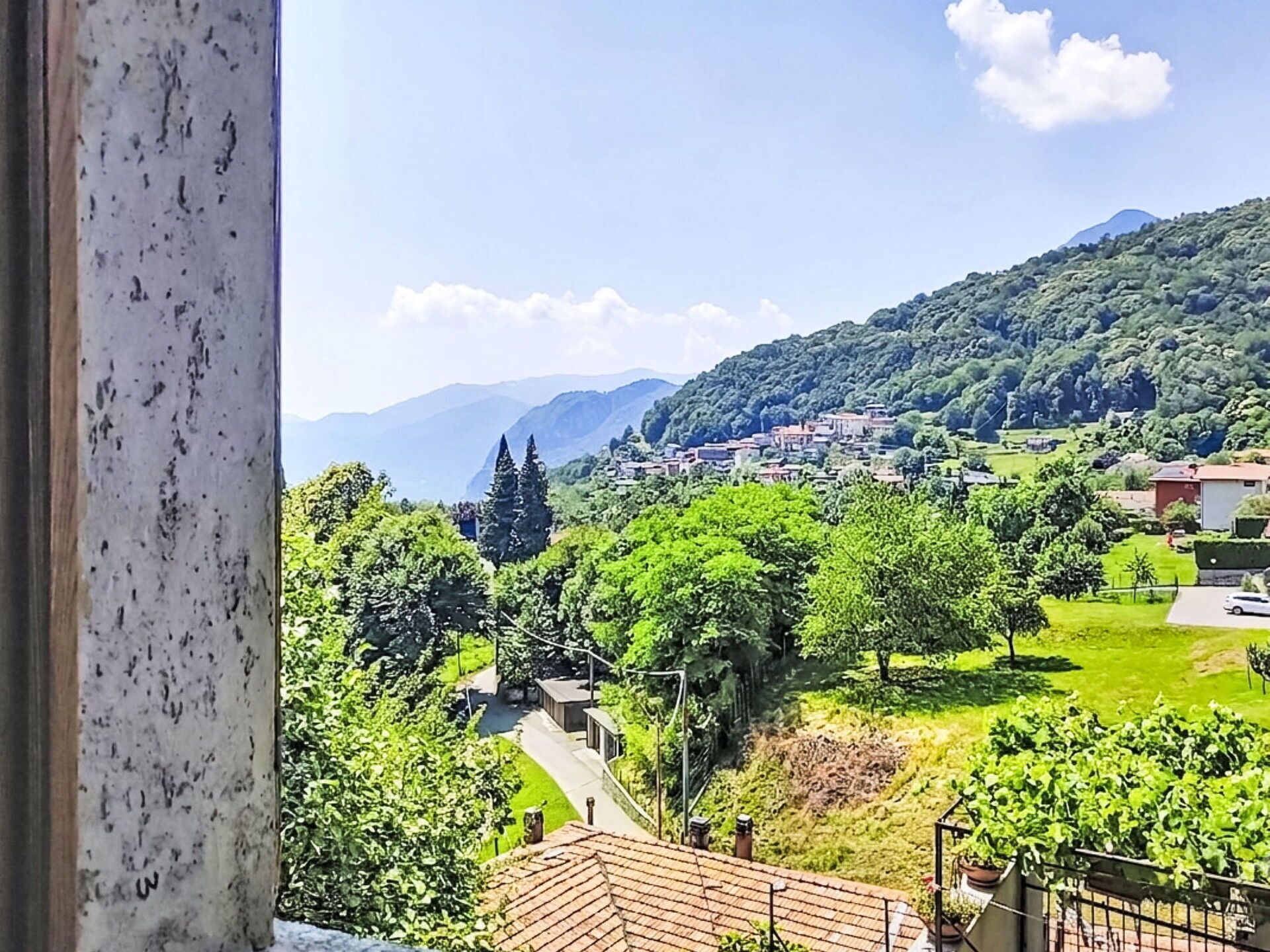 A residential area with houses, trees, and a mountain in the background.