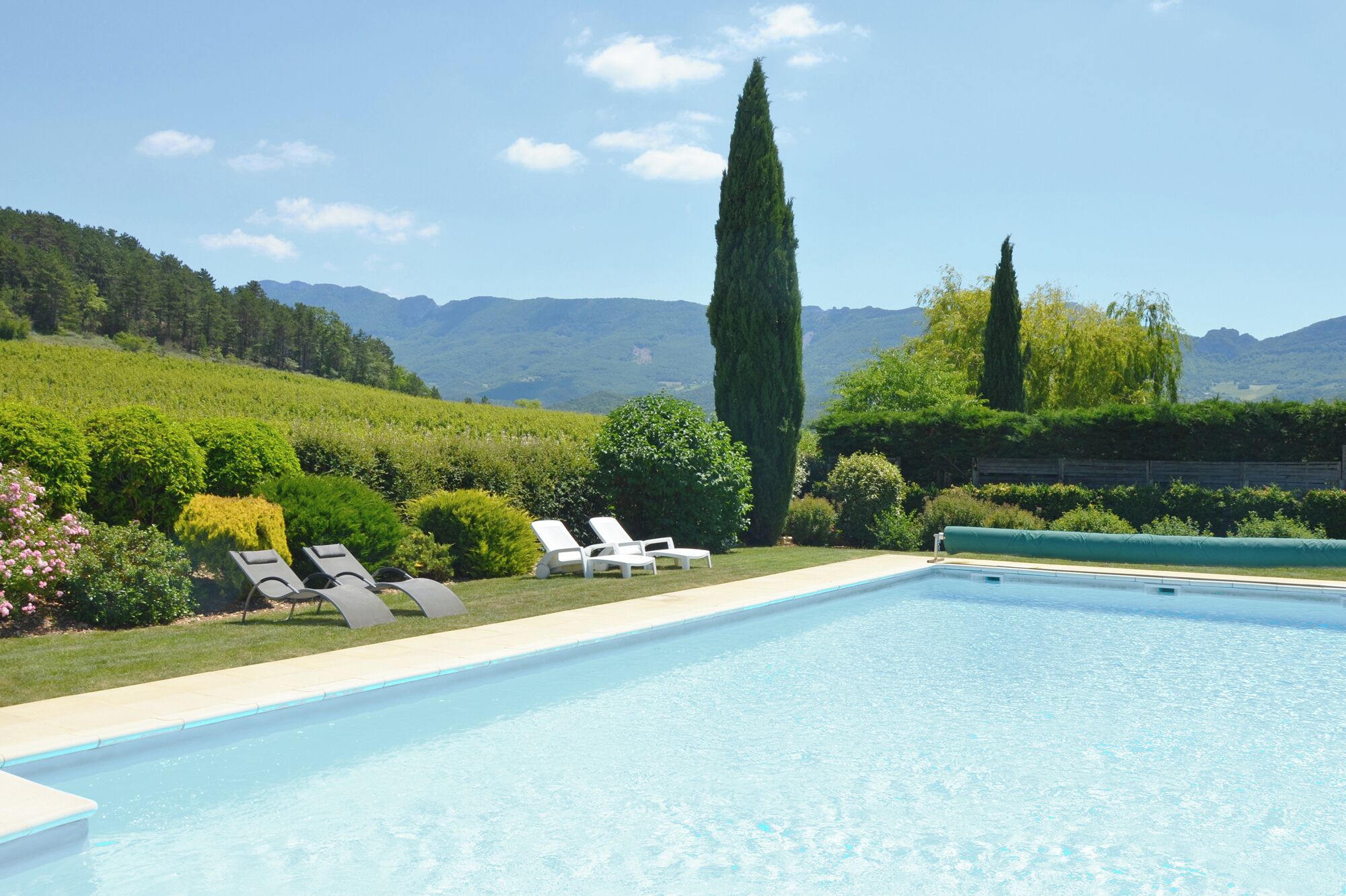 Ein Swimmingpool mit Liegestühlen, umgeben von üppiger Vegetation und Bergen im Hintergrund.