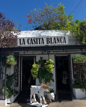 Una vetrina con un cartello che recita 'LA CASITA BLANCA' ed elementi decorativi tra cui una mucca e delle banane.