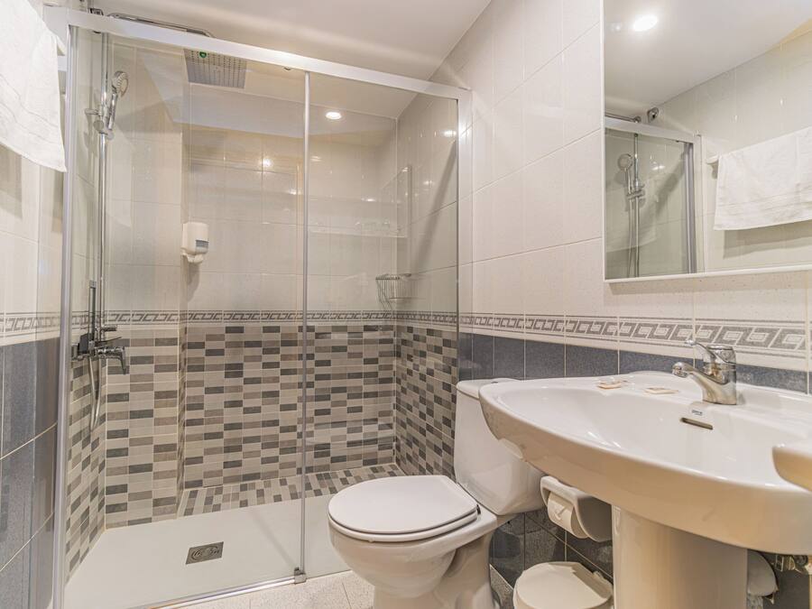 A bathroom with a glass-enclosed shower, a toilet, and a sink with a mirror above it.