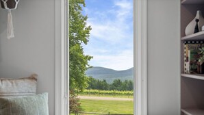 A room with a bed, a window with a view of a vineyard, and a bookshelf. - Mountain Views w/Hot Tub, 95” TV & Trail Access (Shenandoah Farms)