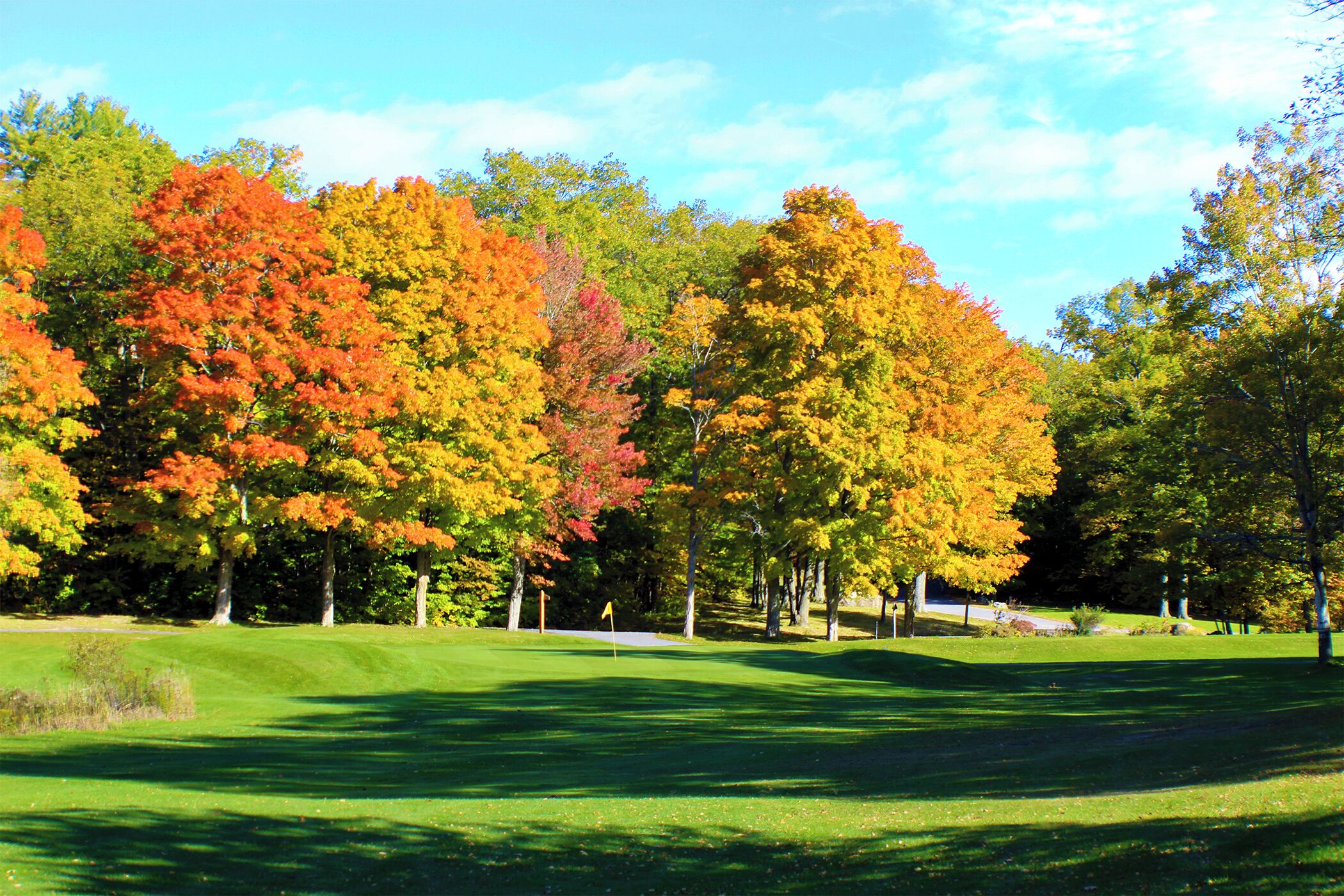 A golf course with a flag on the green, surrounded by trees with autumn foliage.