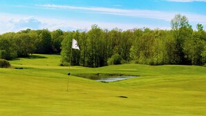 A golf course with a flagstick, water hazards, and a forested background. - Thousand Islands Country Club (Wellesley Island)