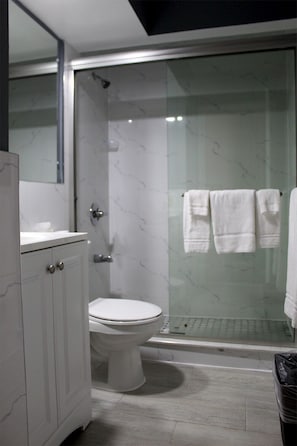 A modern bathroom with a glass-enclosed shower, a toilet, and a vanity with cabinets. - Thousand Islands Country Club (Wellesley Island)