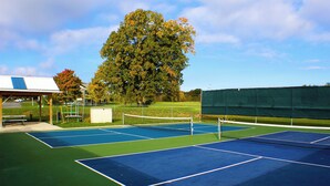 Un court de tennis avec un filet, un pavillon et un grand arbre.
