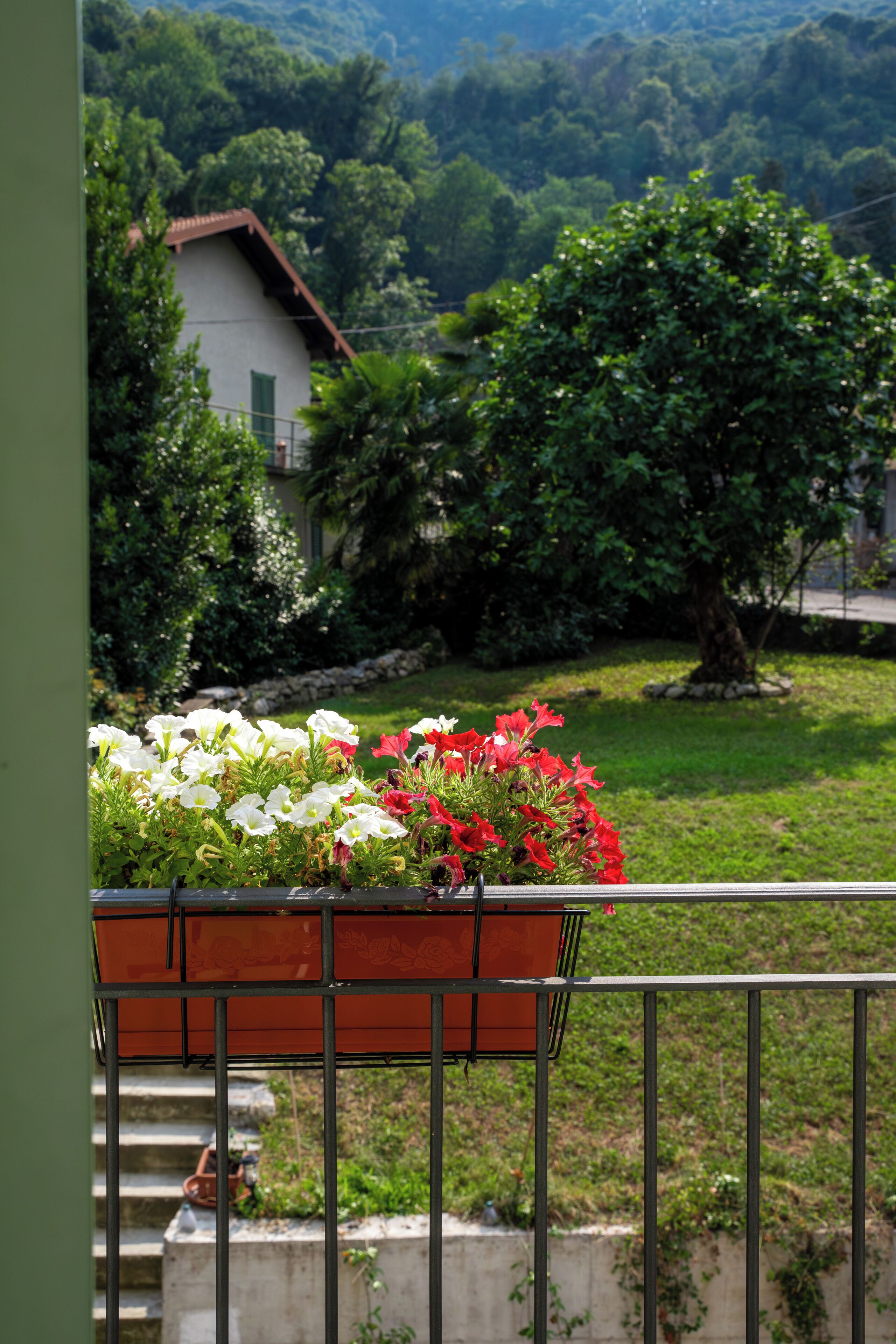 A balcony with a flower planter, a house in the background, and a grassy area with trees.