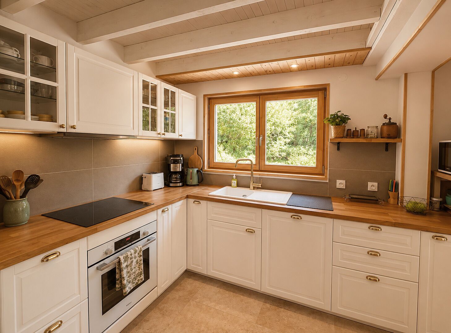 Una cocina con muebles blancos, encimera de madera, horno empotrado, fregadero y ventana con vista a follaje.