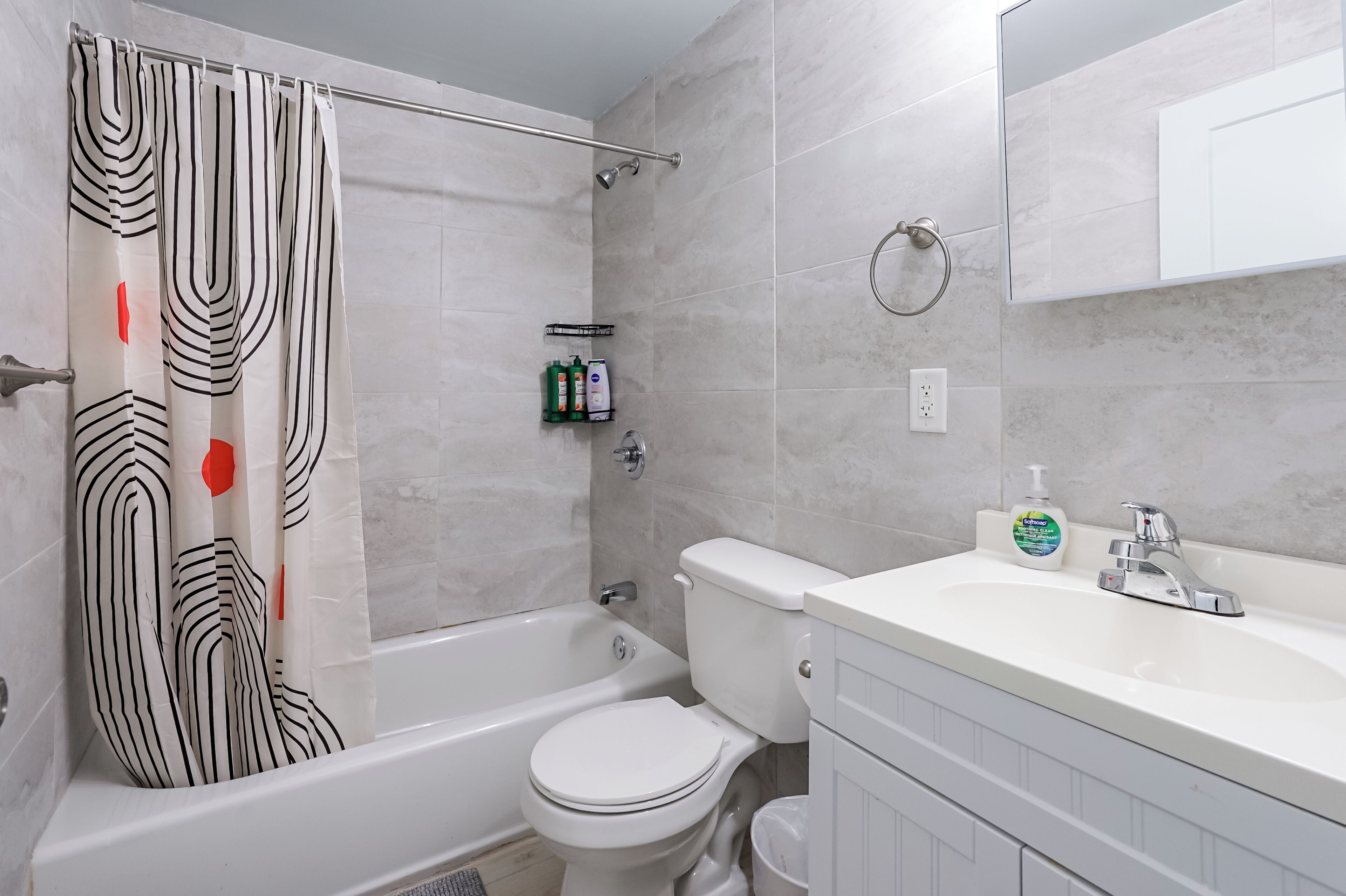 Hair dryer, towels, soap, toilet paper