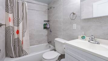 Hair dryer, towels, soap, toilet paper