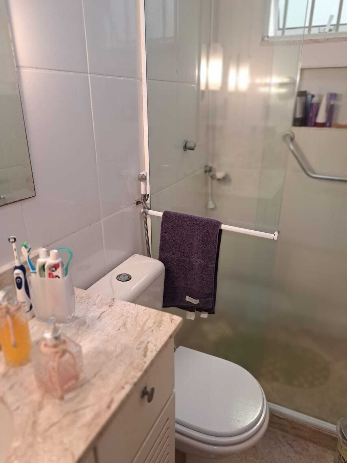 A bathroom with a glass shower enclosure, a white toilet, a marble countertop, and a handrail.