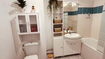 Hair dryer, towels, soap, toilet paper