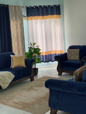 A living room with two sofas, a potted plant, and a window with curtains. - Tremendous 3-bedroom house with AC in Anse La Raye (Anse La Raye)
