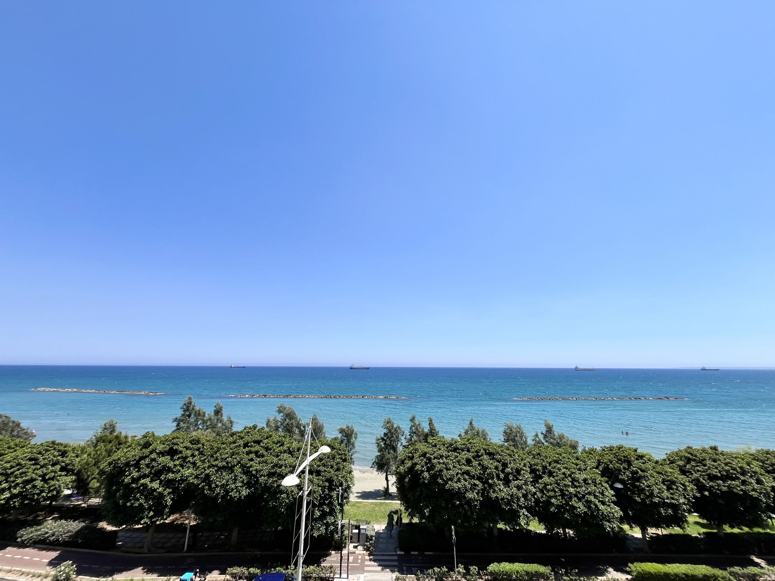 A coastal view with a clear sky, a pathway leading to the beach, and a few ships in the distance.
