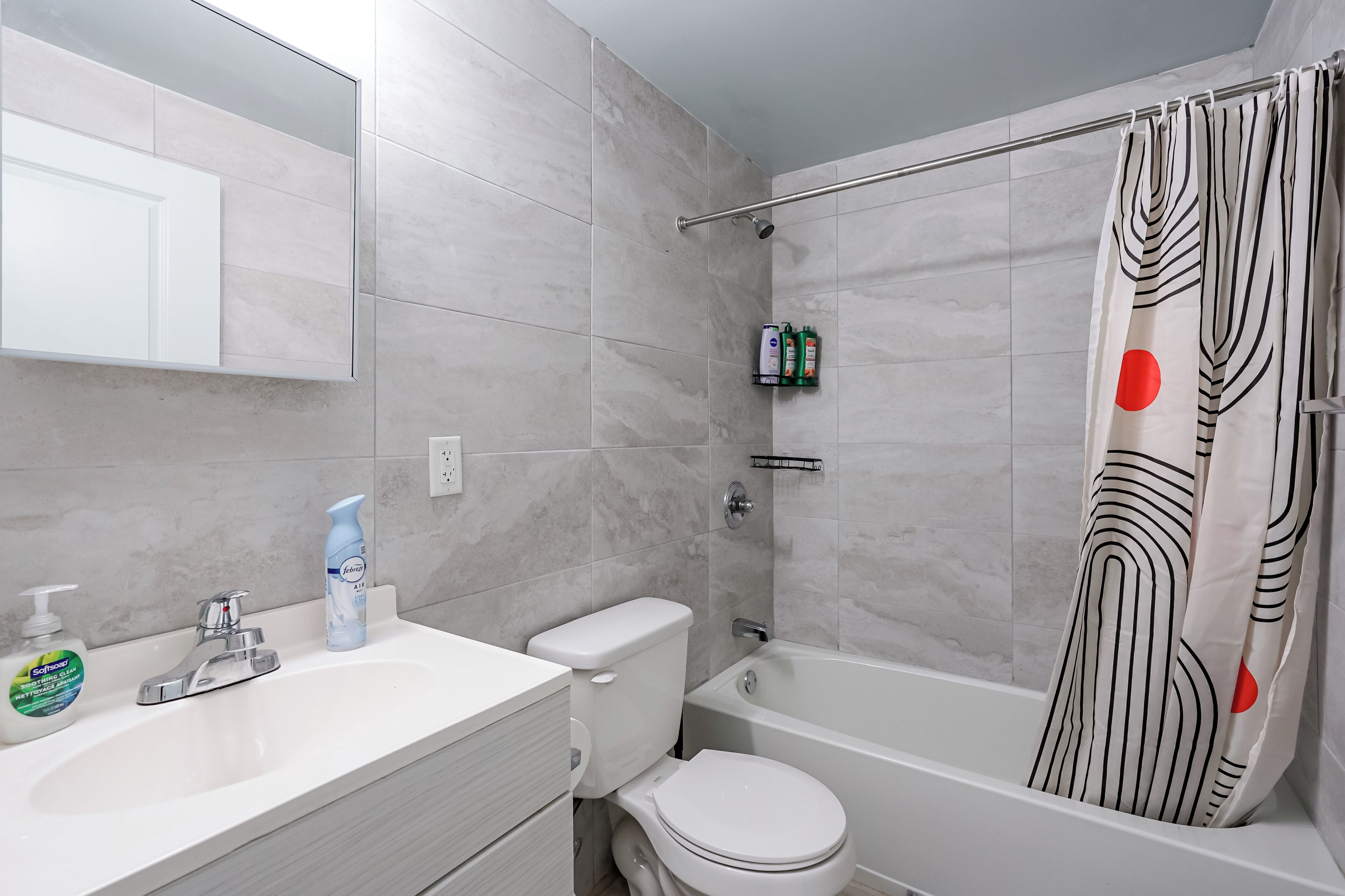 Hair dryer, towels, soap, toilet paper